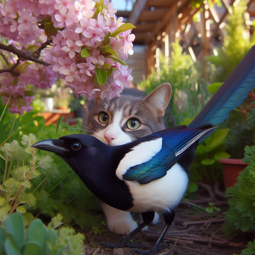 庭に咲いているアサギリソウを食べようとしている猫を描いてください