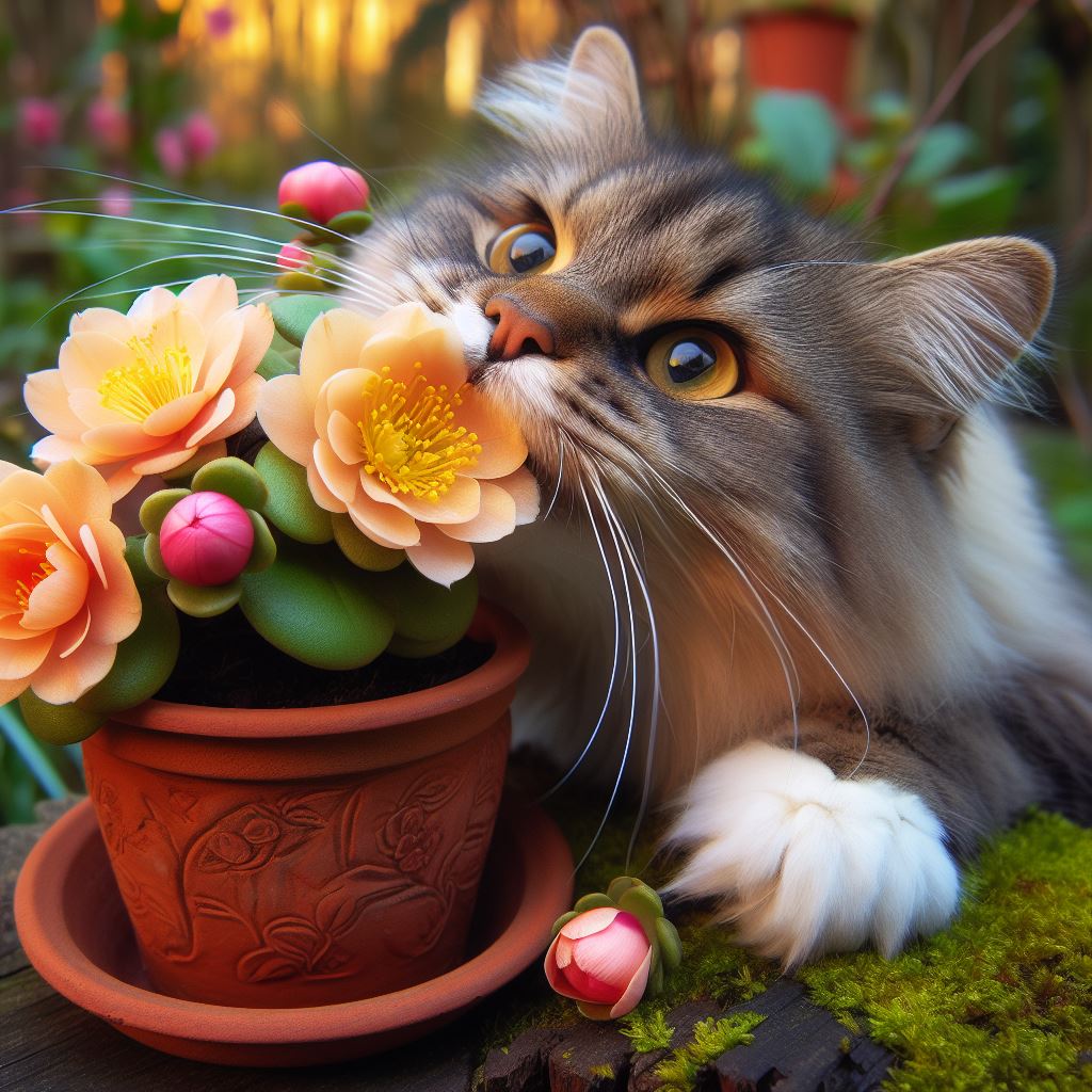 庭に咲いているノボタンを食べようとしている猫を描いてください