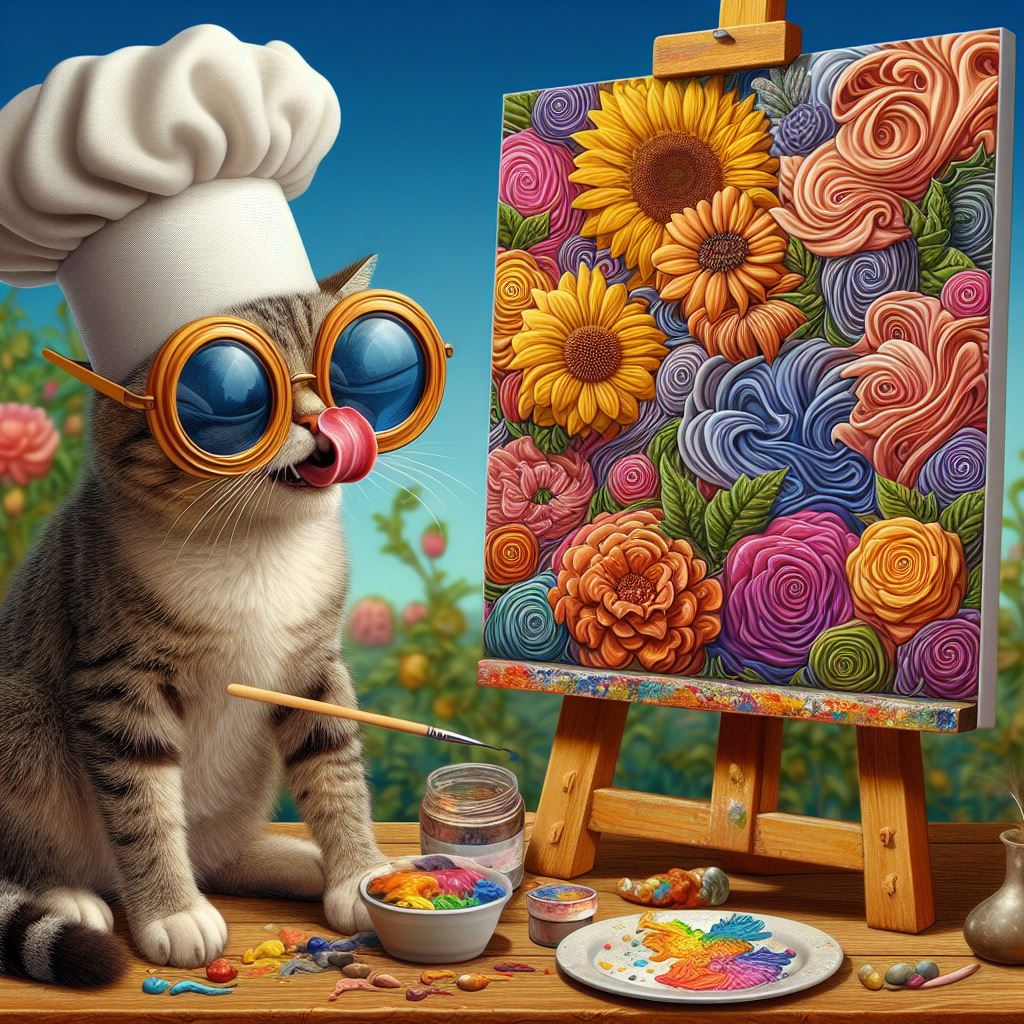 猫が「サフィニアアート」を食べようとしているイラストを描いて