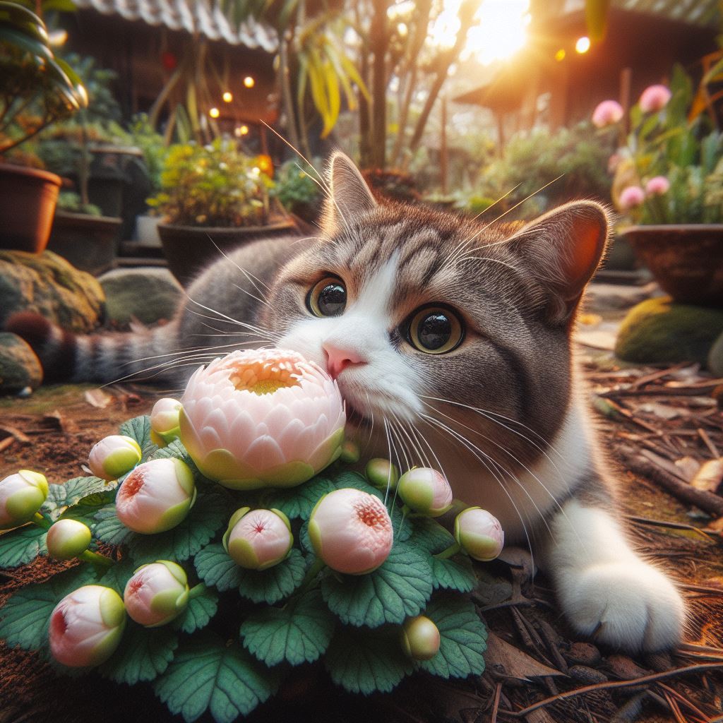 猫が庭の「ボケ」を食べようとしているイラストを描いて
